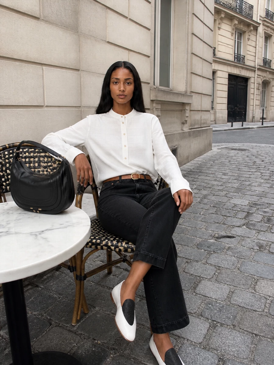 Chloe ivory blouse black jeans loafers outfit