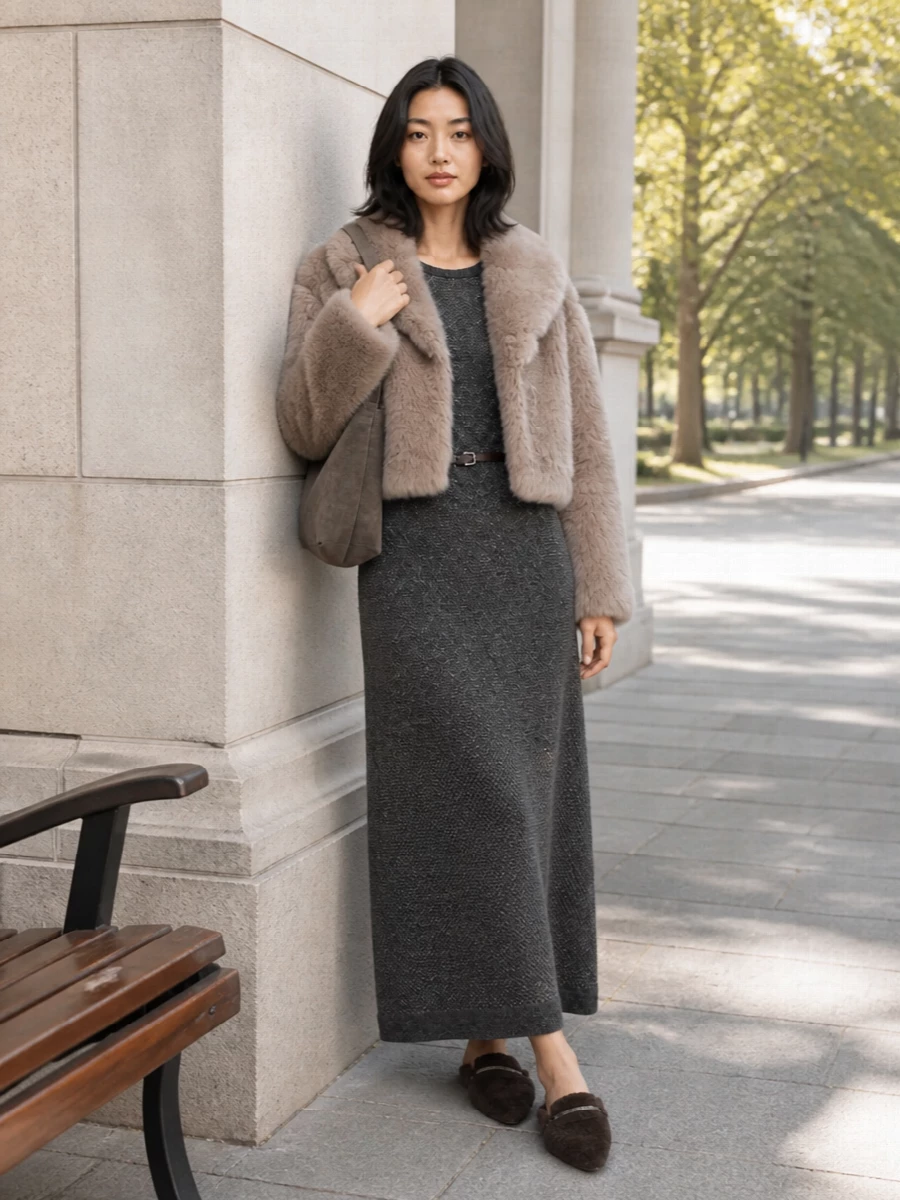 Brunello cucinelli fur jacket knit dress outfit