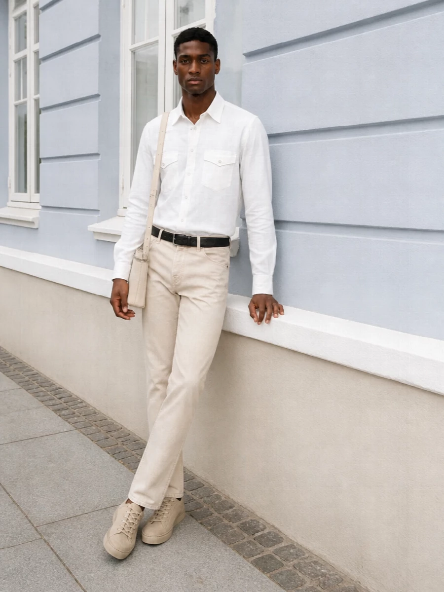 Jacob cohen white shirt beige jeans suede sneakers