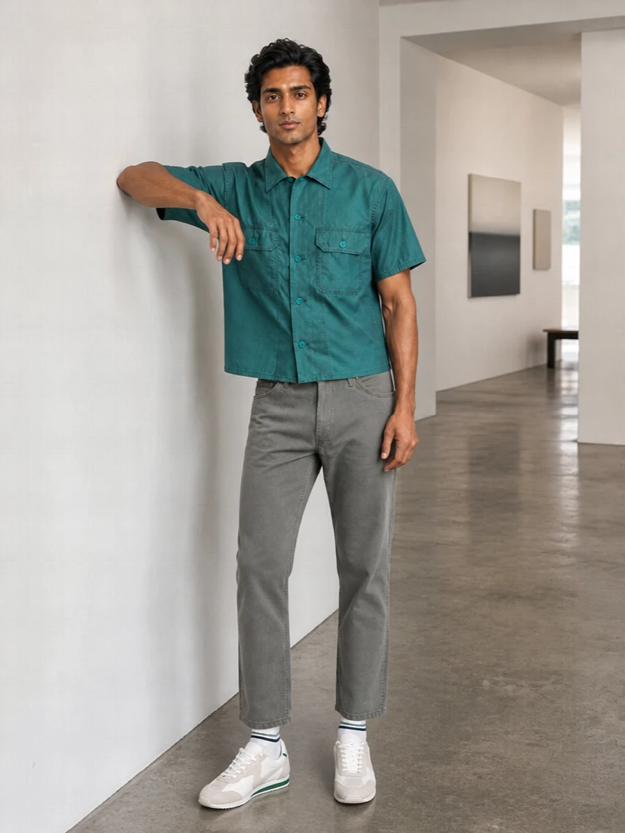 Beams plus teal shirt olive chinos retro sneakers