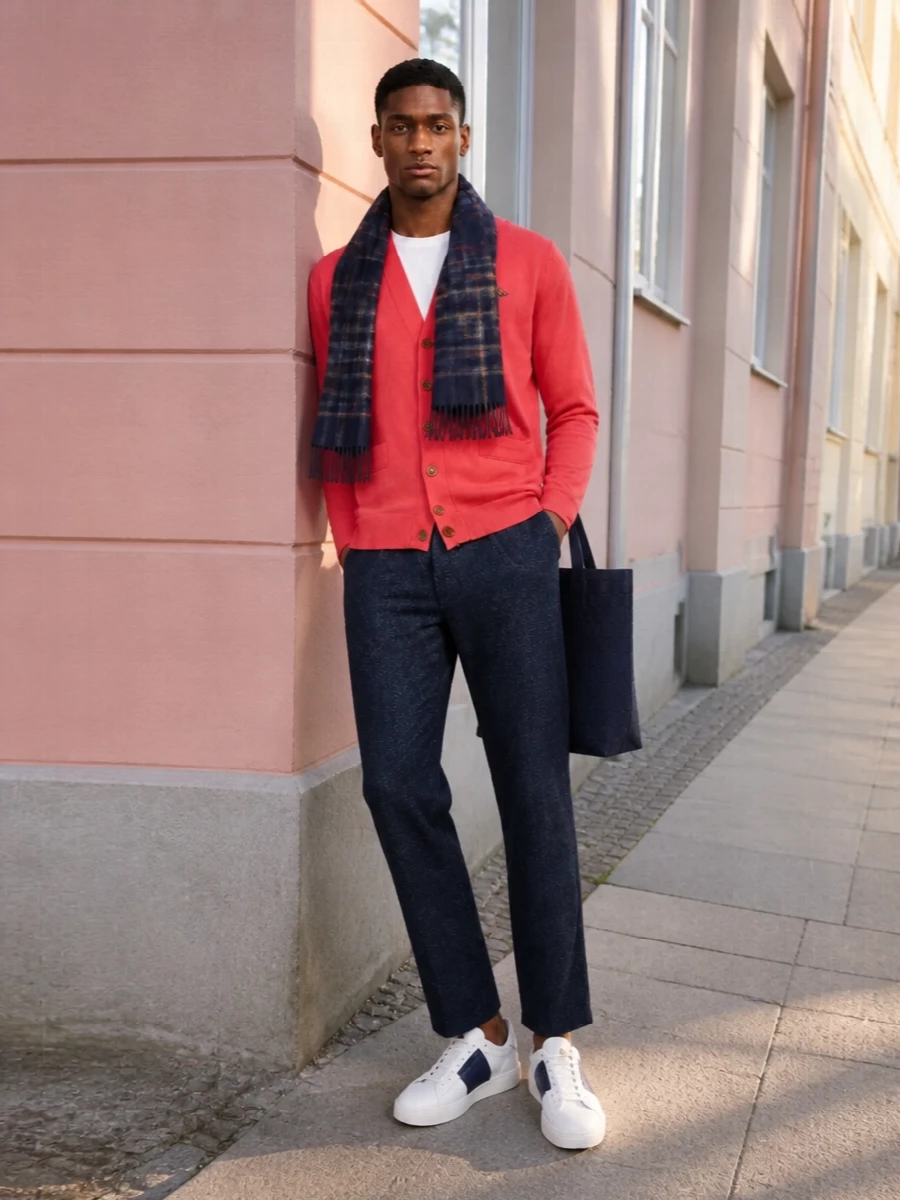 Coral knit and midnight tailoring create a sharp but easy contrast, relaxed at the shoulder and clean through the leg. White and navy sneakers keep the palette tight while softening the formality, and a structured navy tote plus checked scarf give the whole outfit a considered, city-ready finish.