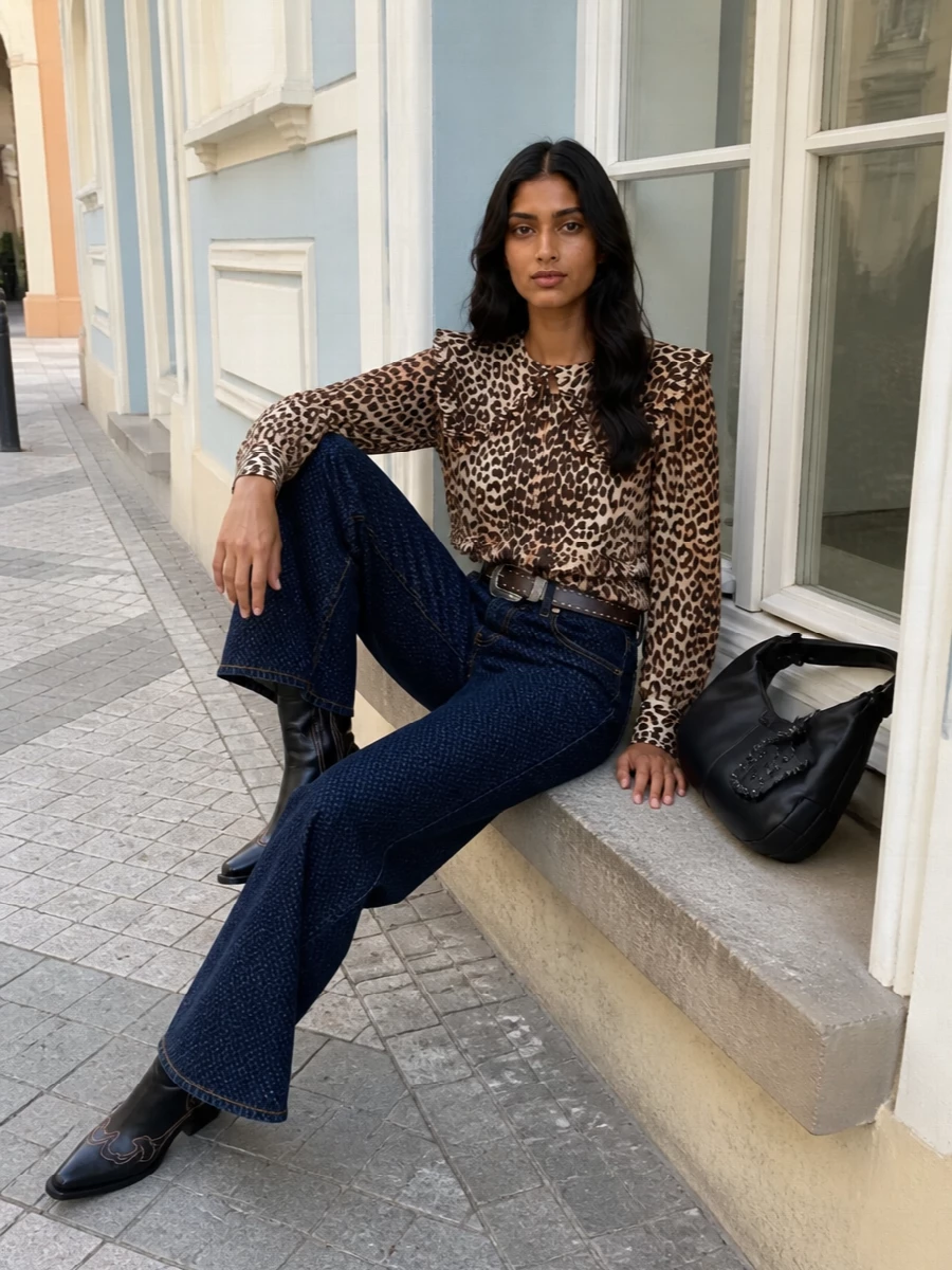 Ganni leopard blouse wide leg jeans boots
