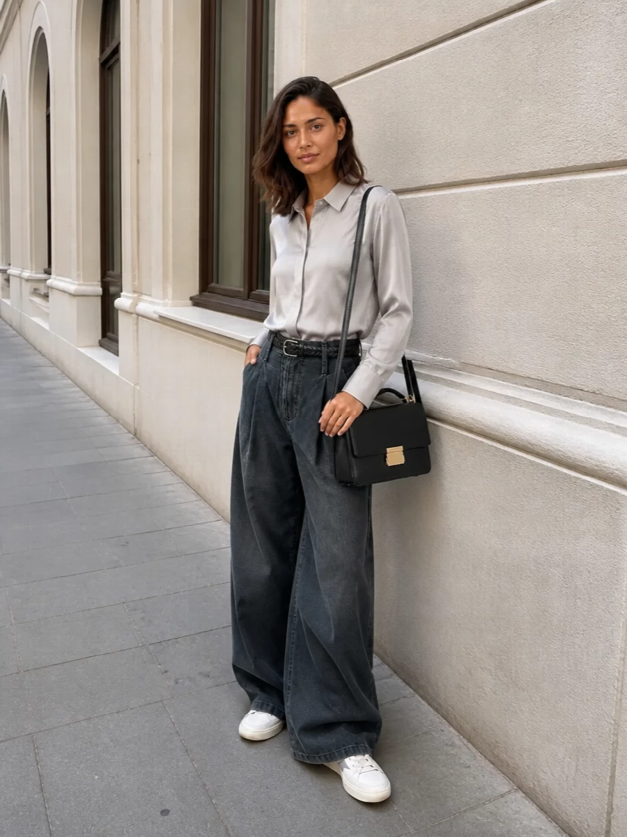 Golden goose wide leg jeans grey shirt sneakers