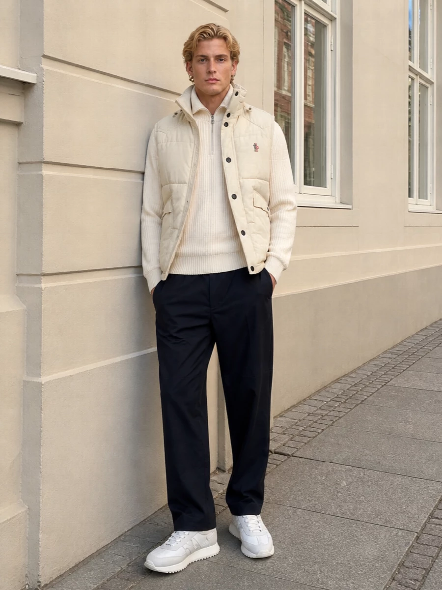 Moncler grenoble gilet cream half zip navy pants