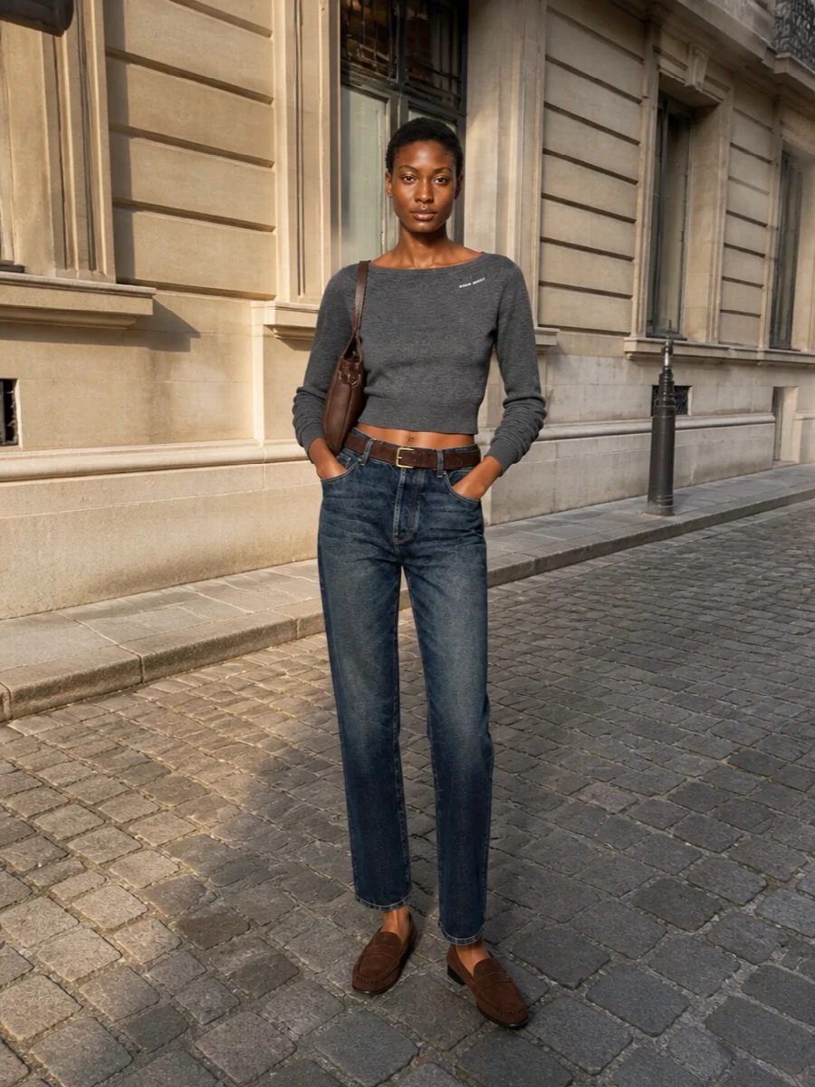Miu miu jeans cropped knit brown loafers