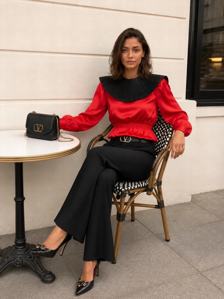 Valentino red satin blouse black tailored pants