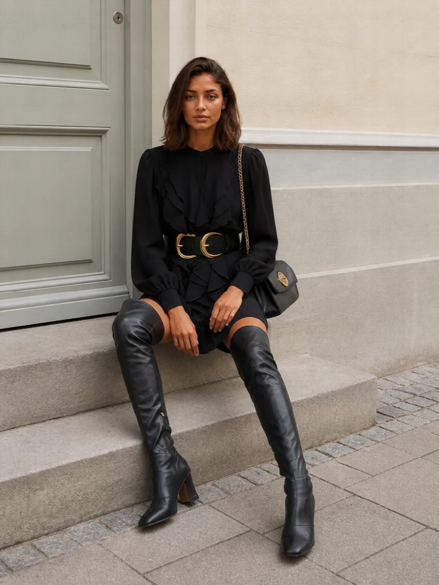 Chloe black ruffle dress over the knee boots outfit