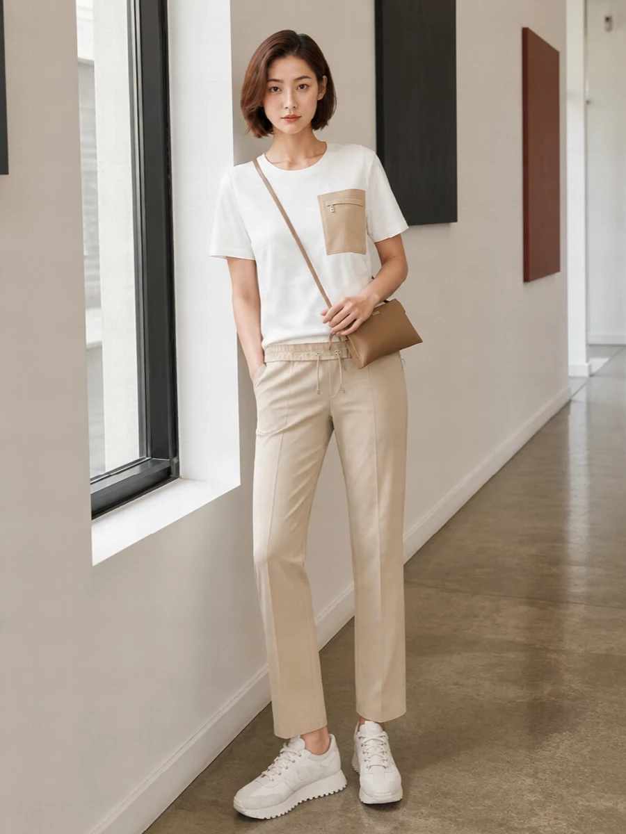 This look leans into elevated athleisure: tailored Moorer track pants paired with the matching technical-hem tee for a softly structured, monochrome base. Creamy Moncler runners keep the palette light and refined, while a slim tan Loewe crossbody adds just enough contrast and polish for city days or travel without breaking the quiet-luxury mood.