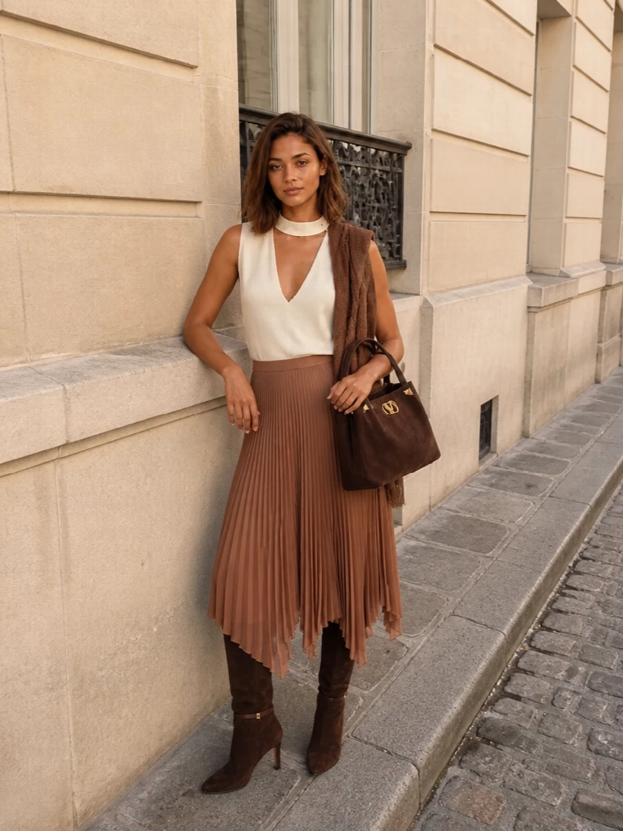 Valentino camel pleated midi skirt outfit boots