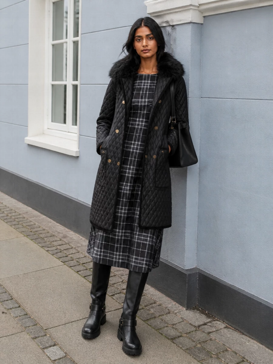 Burberry quilted coat plaid midi dress boots