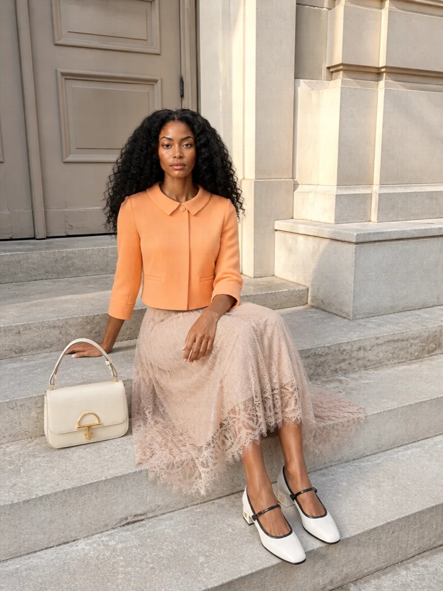 Apricot and blush play together softly here, with the cropped Valentino jacket sitting neatly over the flowing lace midi for a romantic, tailored take on occasion dressing. The proportion of fitted top to fluid skirt feels modern and flattering, while the crisp Mary Janes and structured ivory bag bring a preppy polish that keeps the sweetness firmly in grown-up territory.