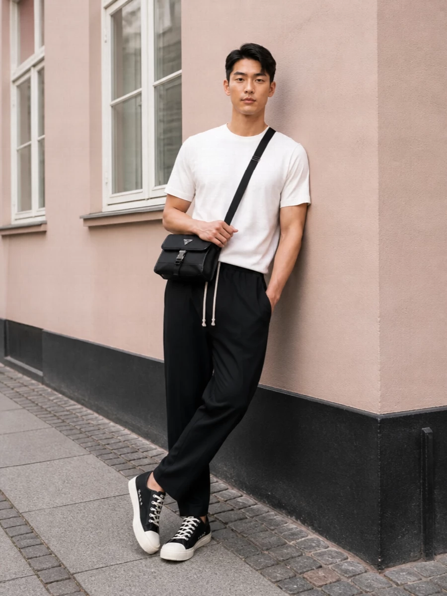 Rick owens drop crotch pants prada bag outfit