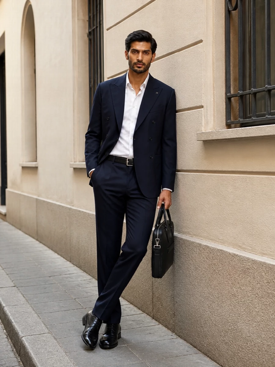 Tagliatore navy suit prada black derby shoes