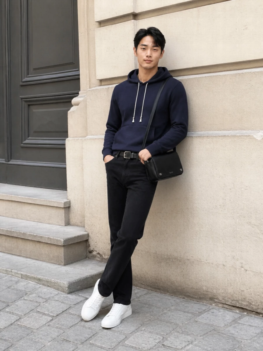 This look takes the navy Saint Laurent hoodie into refined off-duty territory with washed-black straight jeans that feel relaxed but sharply cut. Clean white low-top sneakers and a slim black belt keep the palette crisp and minimal, while the compact Loewe crossbody adds just enough structure and quiet luxury for city days and travel alike. It’s an easy, modern uniform that reads considered without ever feeling over-styled.