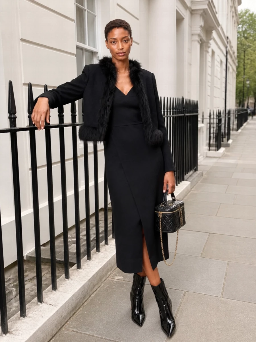 This is a pure evening narrative built around black, texture and line, so I anchor it with the slim Fendi midi dress rather than breaking the silhouette with separates. The faux-fur trimmed cropped jacket frames the deep V and waist of the dress, while glossy ankle boots and a structured vanity bag keep everything sharp, nocturnal and quietly high-impact. It is the kind of city-after-dark ensemble that feels plush to wear yet completely edited in the mirror.