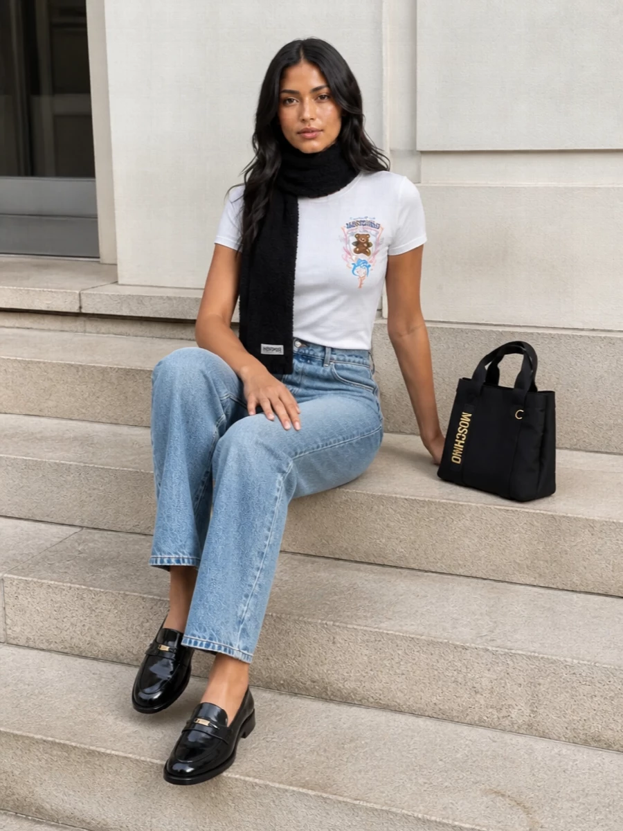 A clean white Moschino tee meets straight mid-wash denim for an easy, graphic take on off-duty prep. Glossy black loafers and a compact logo tote sharpen the mood just enough for city days, while a soft black scarf adds winter texture without distracting from the playful teddy crest.
