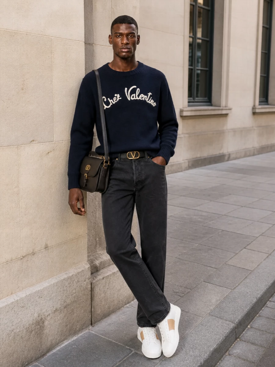 Valentino chez knit straight leg denim outfit