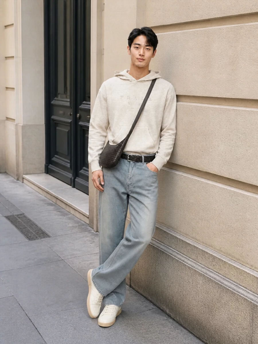 This look leans into elevated off-duty: the light-beige Prada hoodie sits over washed grey straight-leg denim for a relaxed, minimalist silhouette in soft neutrals. Cream low-top sneakers with a gum sole keep the palette warm and coherent, while a dark chocolate intrecciato crossbody and discreet black belt add refined structure and texture without disturbing the quiet-luxury mood. It’s an easy FW city uniform that feels intentional yet completely unfussy.