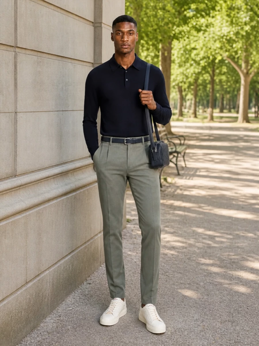 Deep navy and muted sage keep this combination calm and precise, giving the polo a tailored context that still feels easy. Cream sneakers and a structured navy crossbody introduce lighter notes without breaking the minimal, Italian lines. The clean belt finish quietly sharpens the waist so the straight-leg trouser and fine-gauge knit read considered rather than casual.