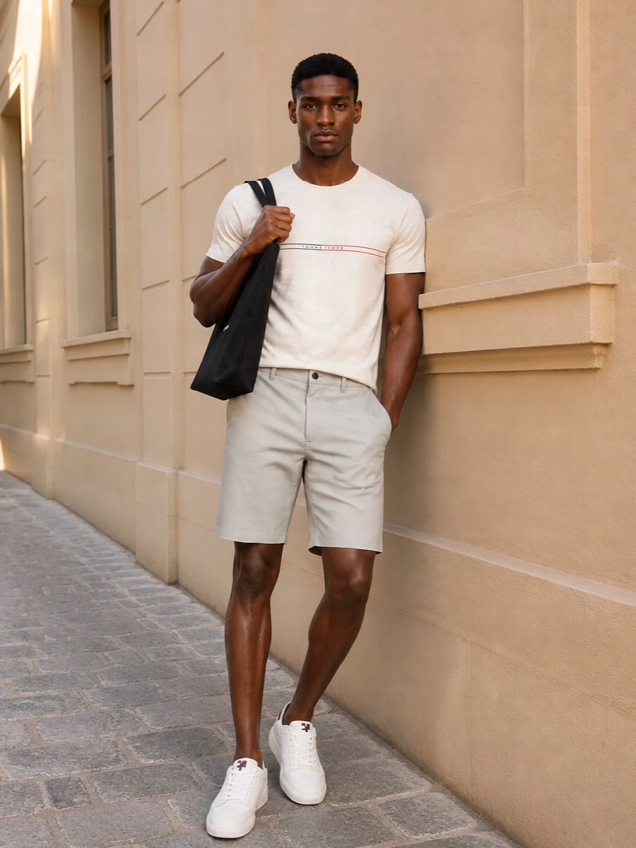 Tommy hilfiger beige tee stone shorts outfit