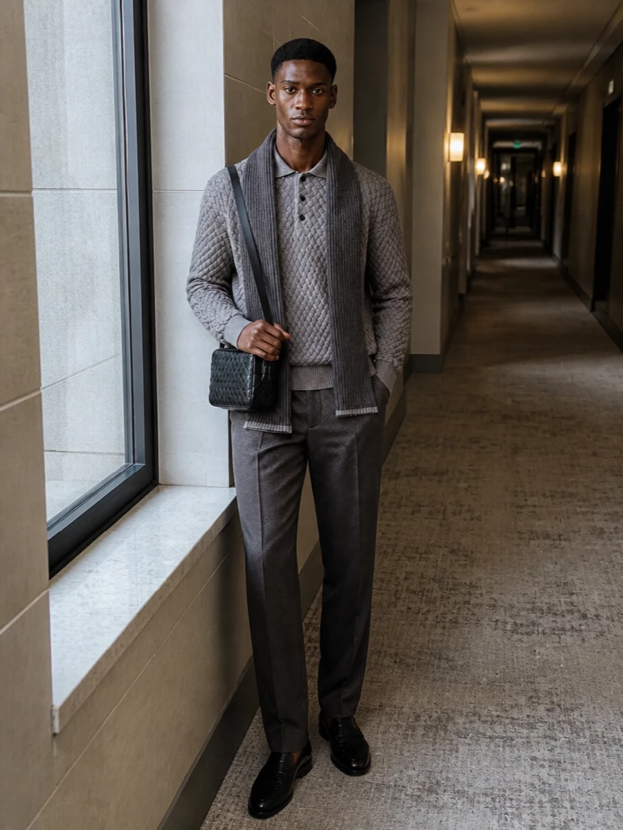 Bottega veneta knit polo charcoal trousers outfit