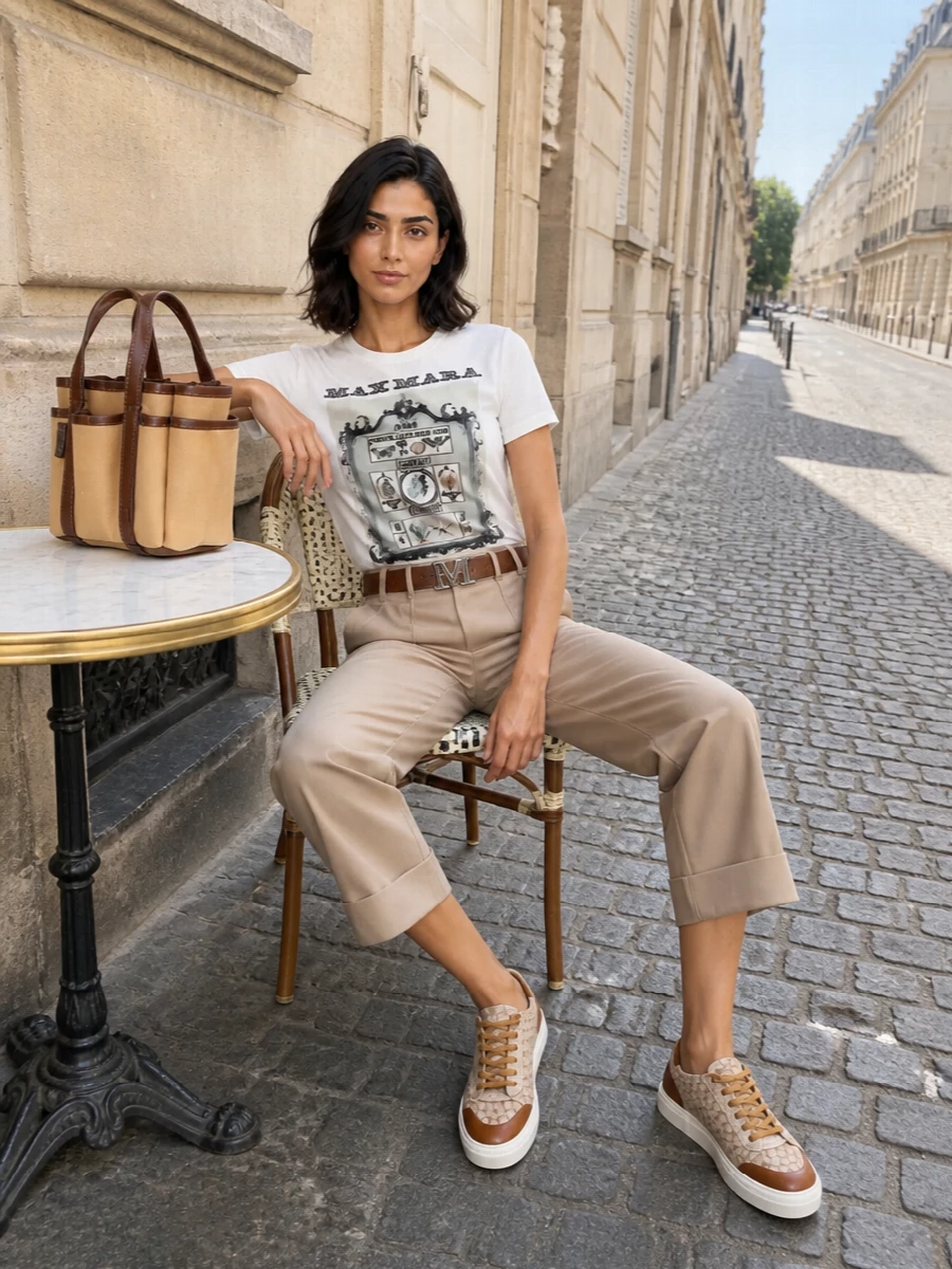 Max mara graphic tee beige cropped trousers outfit