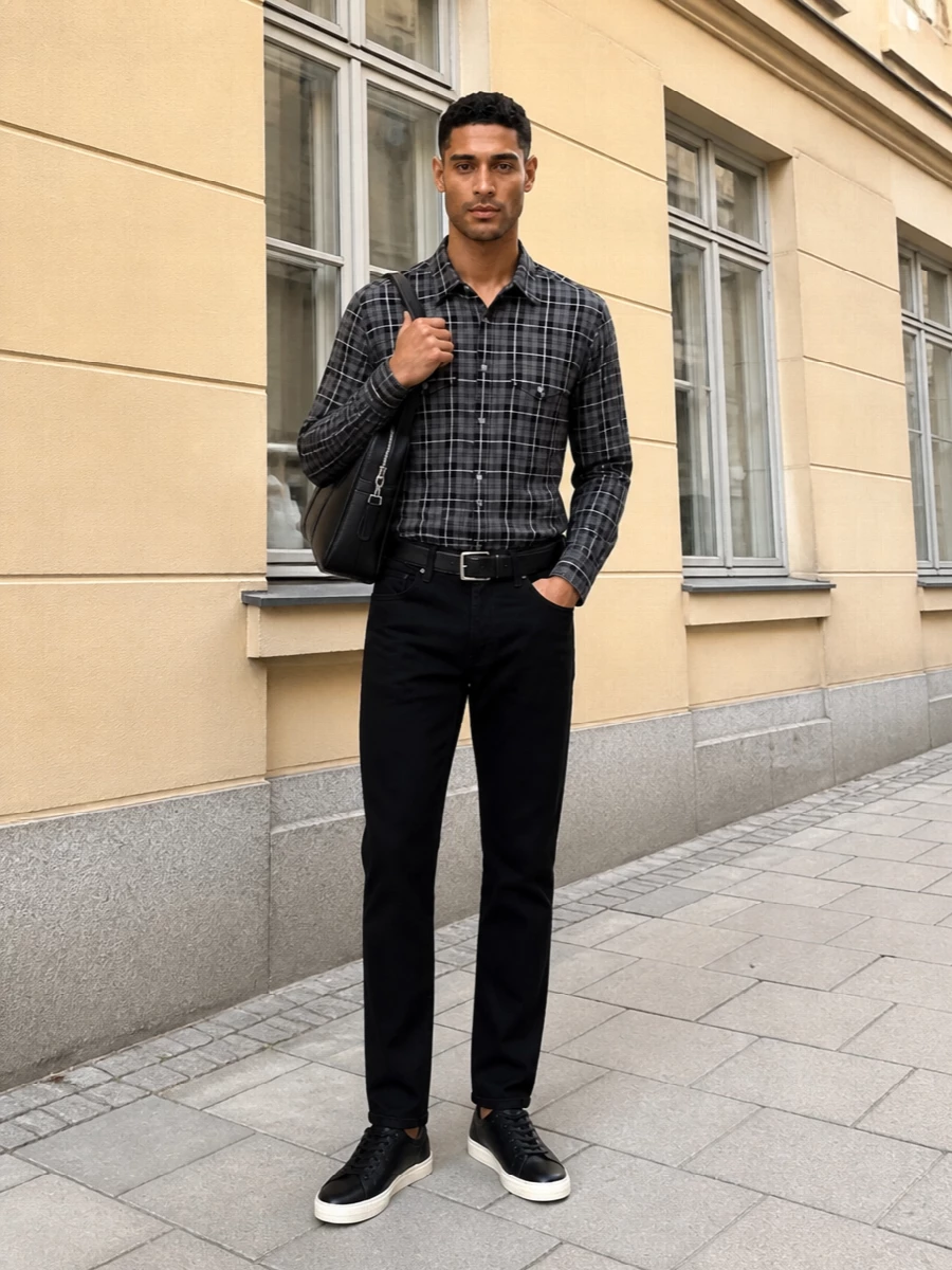 Tom ford mens black plaid shirt jeans outfit