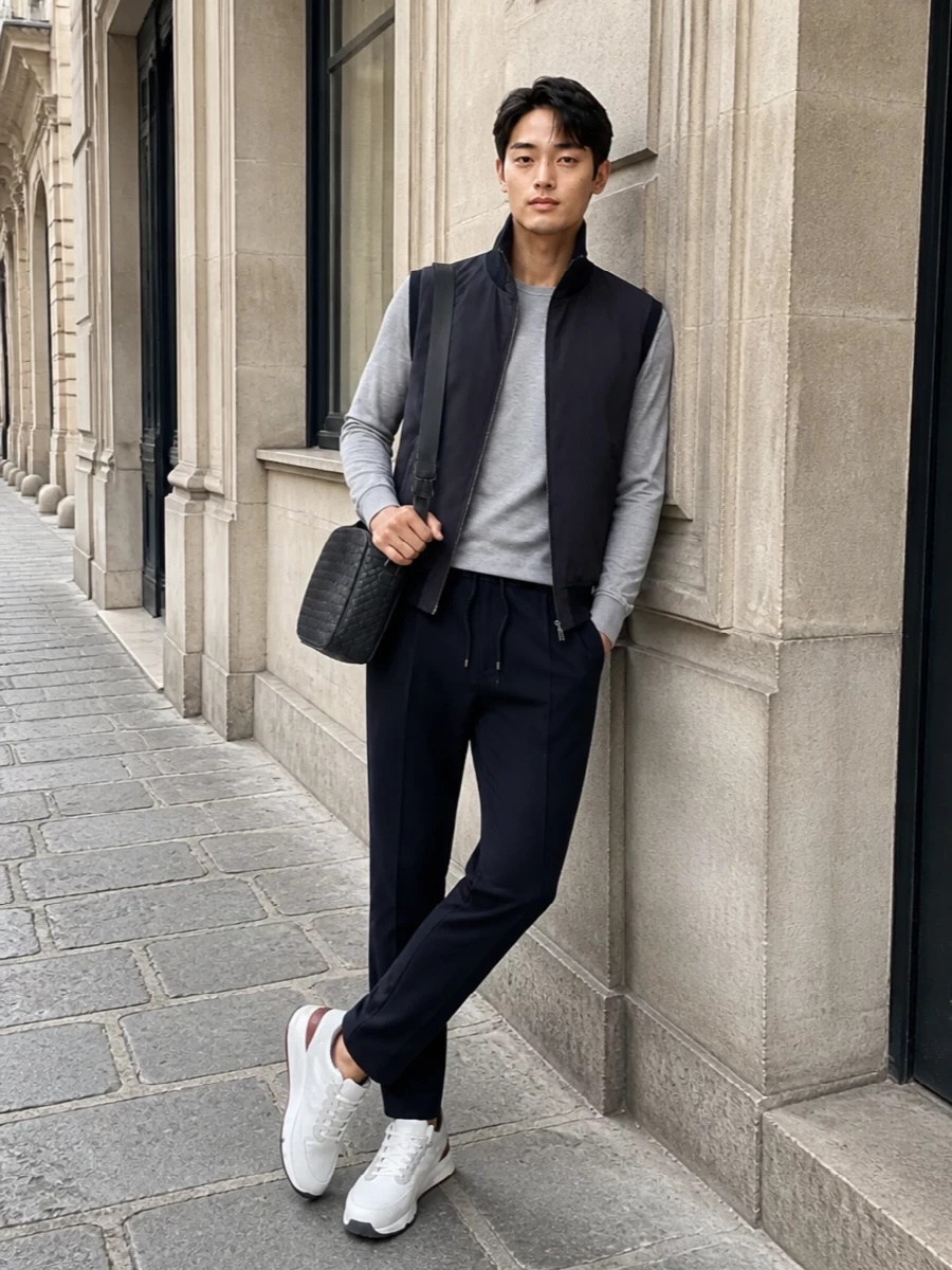 Brunello cucinelli navy gilet joggers outfit