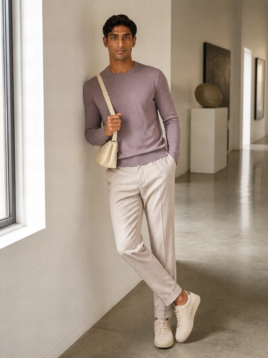 John smedley mauve sweater beige trousers outfit