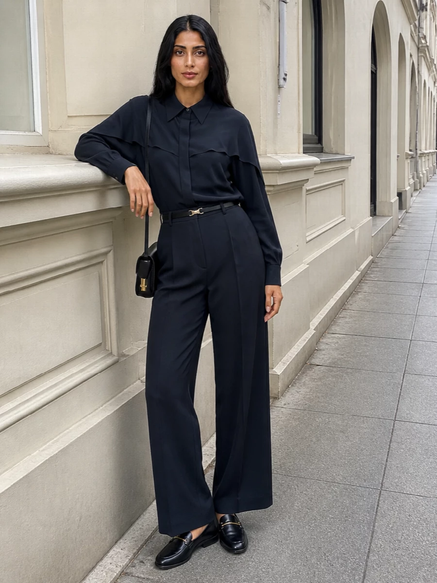 An ink-toned column of fluid tailoring, this pairing leans into quiet drama with a cape-detailed shirt skimming over high-rise wide-leg trousers. Sleek black loafers, a structured mini shoulder bag and a slim belt keep the proportions sharp, ready for a full day of city meetings that slides into dinner. The result is minimal, precise and softly commanding without feeling stiff.