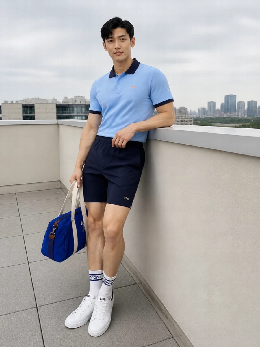 Lacoste polo navy shorts adidas white sneakers