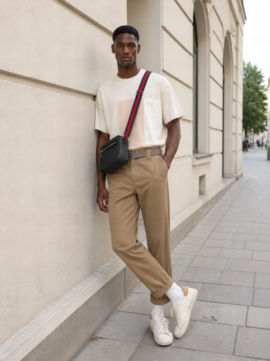 Golden goose chinos neutral tee gucci bag