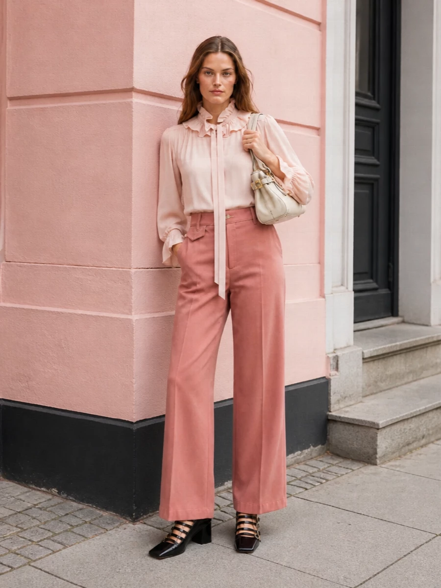 Chloe blush blouse dusty rose wide leg trousers