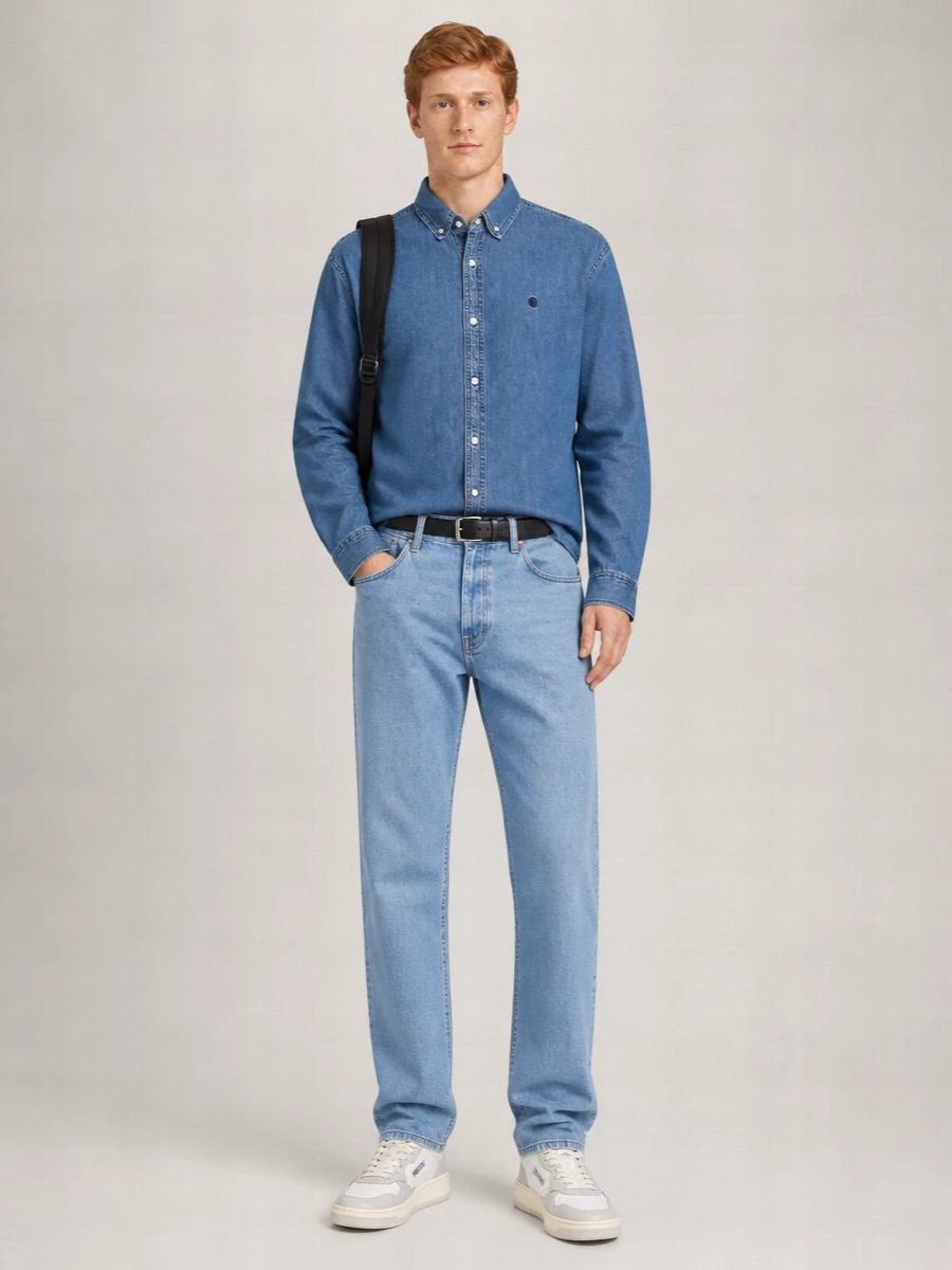 Head-to-toe Carhartt denim stays fresh here by pairing the mid blue shirt with a lighter straight leg, keeping the palette soft and the silhouette clean. Neutral retro courts and a black technical backpack steer it into streetwear territory without losing that preppy, button-down neatness. The quiet black belt is the only hard line, giving just enough structure at the waist without fighting the relaxed workwear energy.