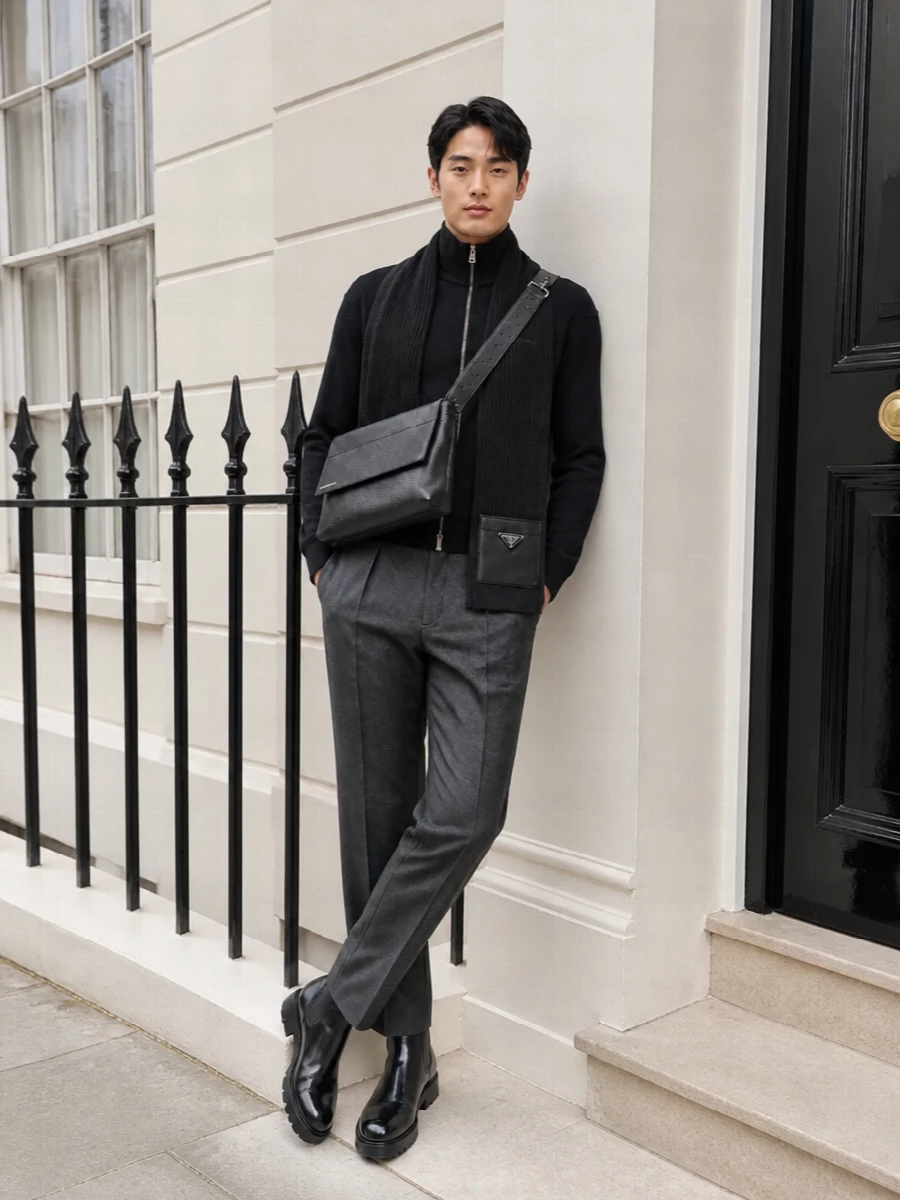 Givenchy black zip sweater charcoal wool trousers