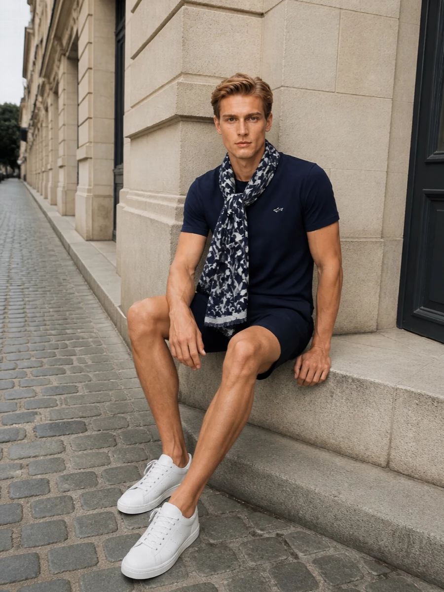 Paul shark navy t shirt tailored shorts outfit