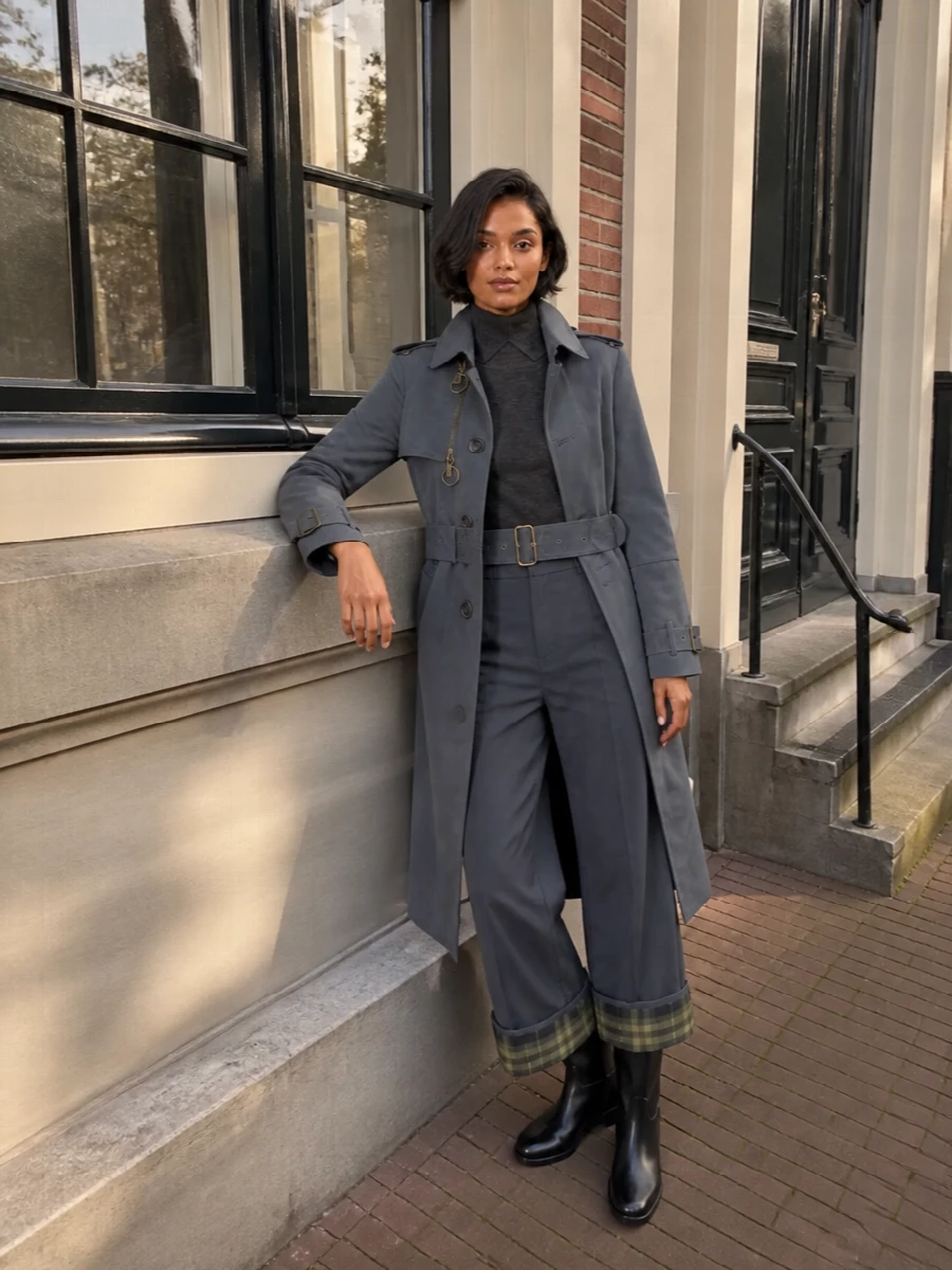 Burberry trench wide leg trousers riding boots