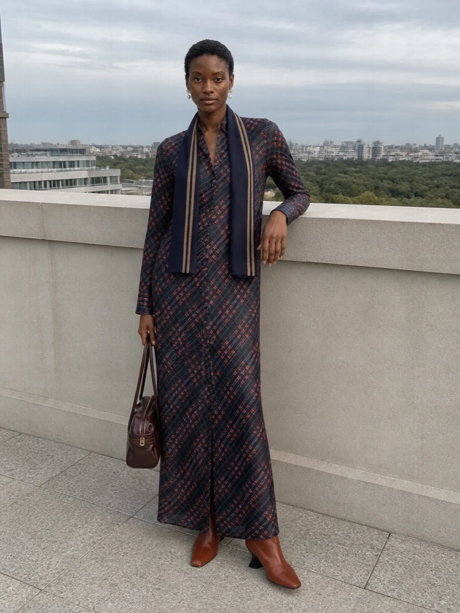 Dries van noten plaid maxi dress ankle boots