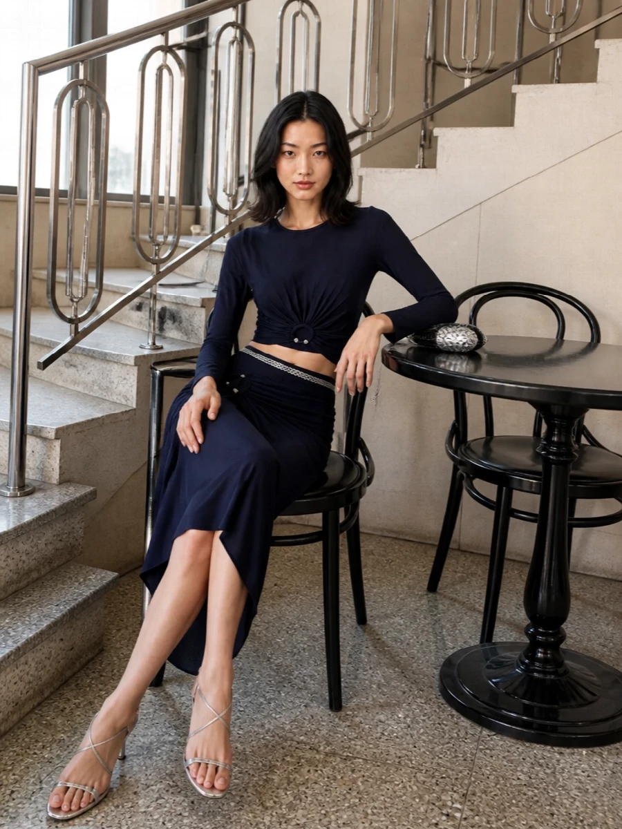 Paco rabanne navy skirt set silver evening