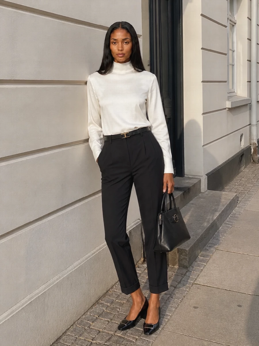 Rohe black trousers ivory blouse outfit