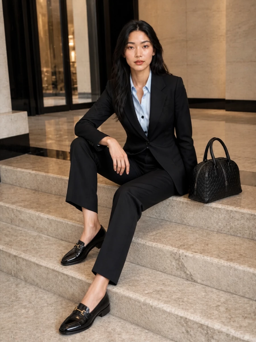 Bottega veneta black blazer tailored trousers outfit
