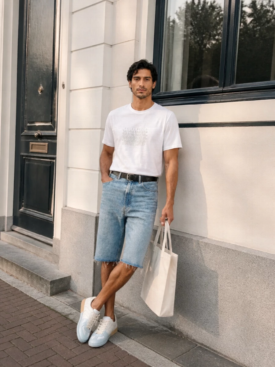 Maison margiela denim shorts white tee sneakers
