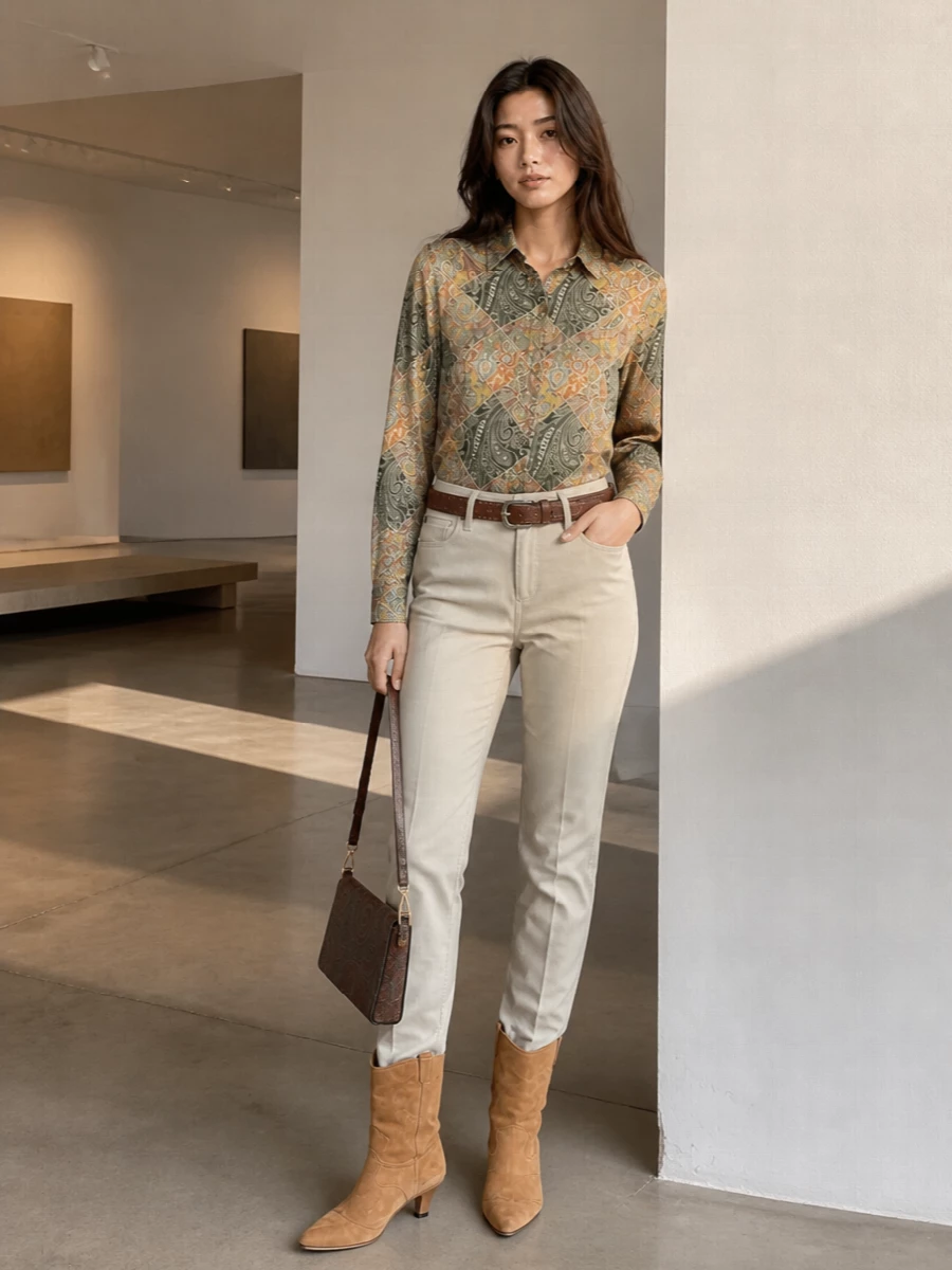 Etro’s paisley shirt sits against clean light beige tailoring, so the color story and print take the spotlight without feeling busy. Camel suede western boots and a tan belt pull out the shirt’s warm neutrals, keeping the mood romantic and bohemian yet polished. A compact paisley shoulder bag in deep autumnal tones finishes the outfit with a collected, travel-ready ease that still feels dinner appropriate.