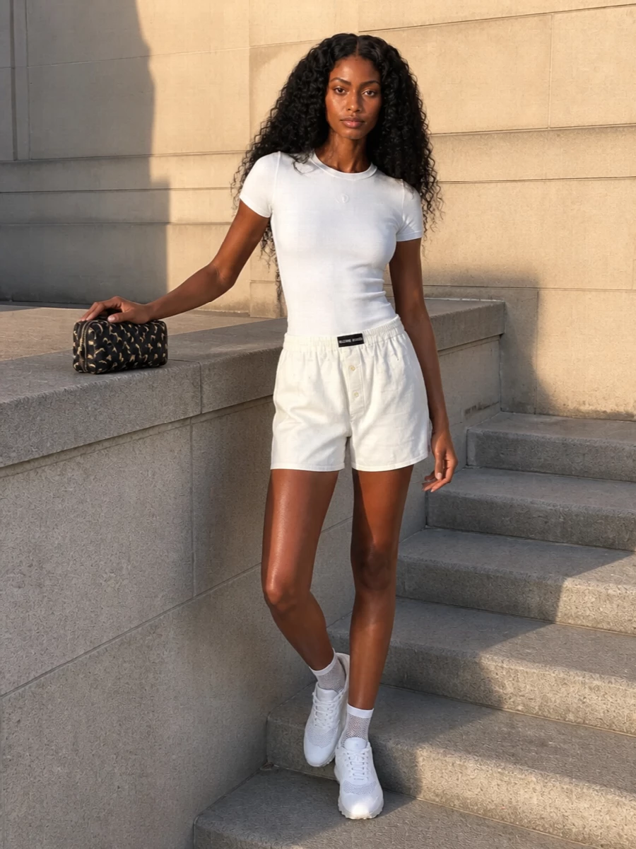 Marine serre ivory boxer shorts white tee outfit