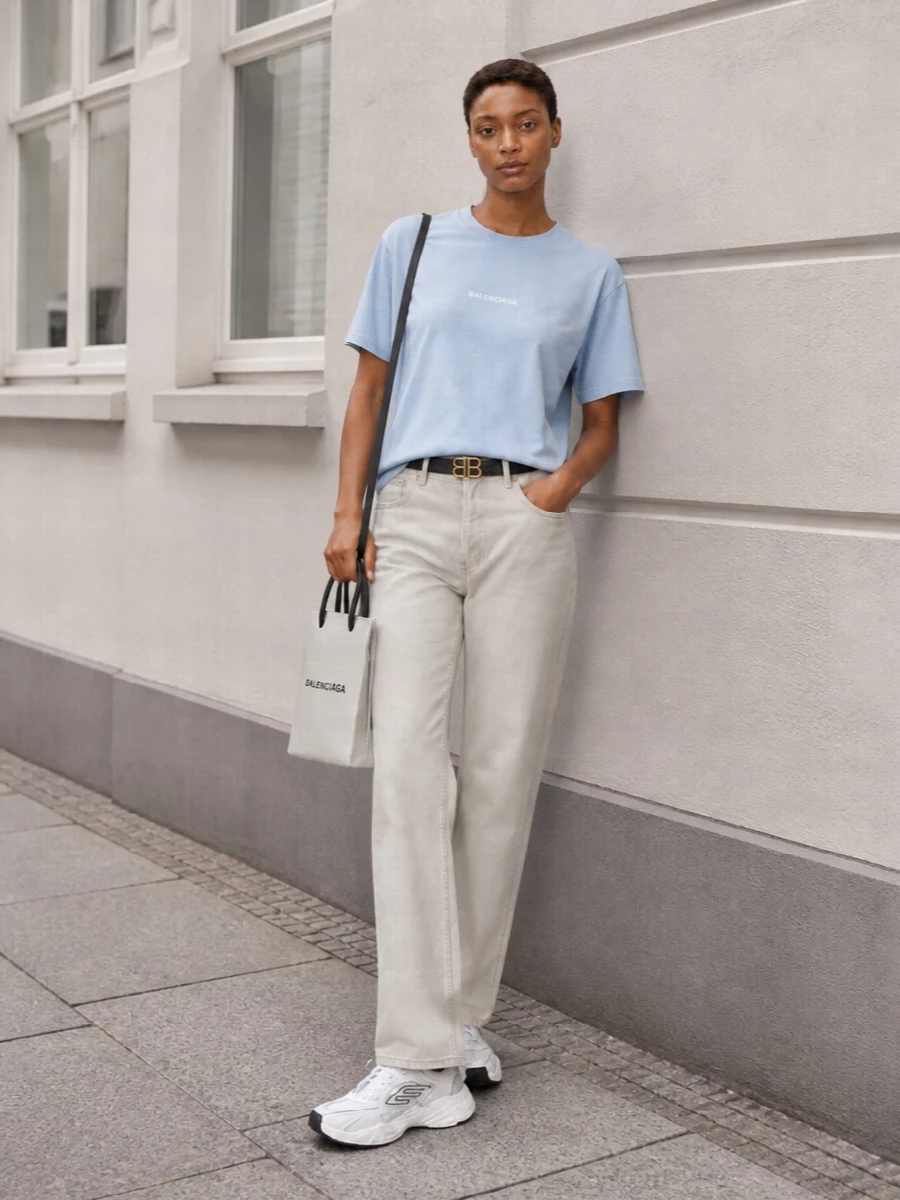 Balenciaga blue tee stone trousers outfit