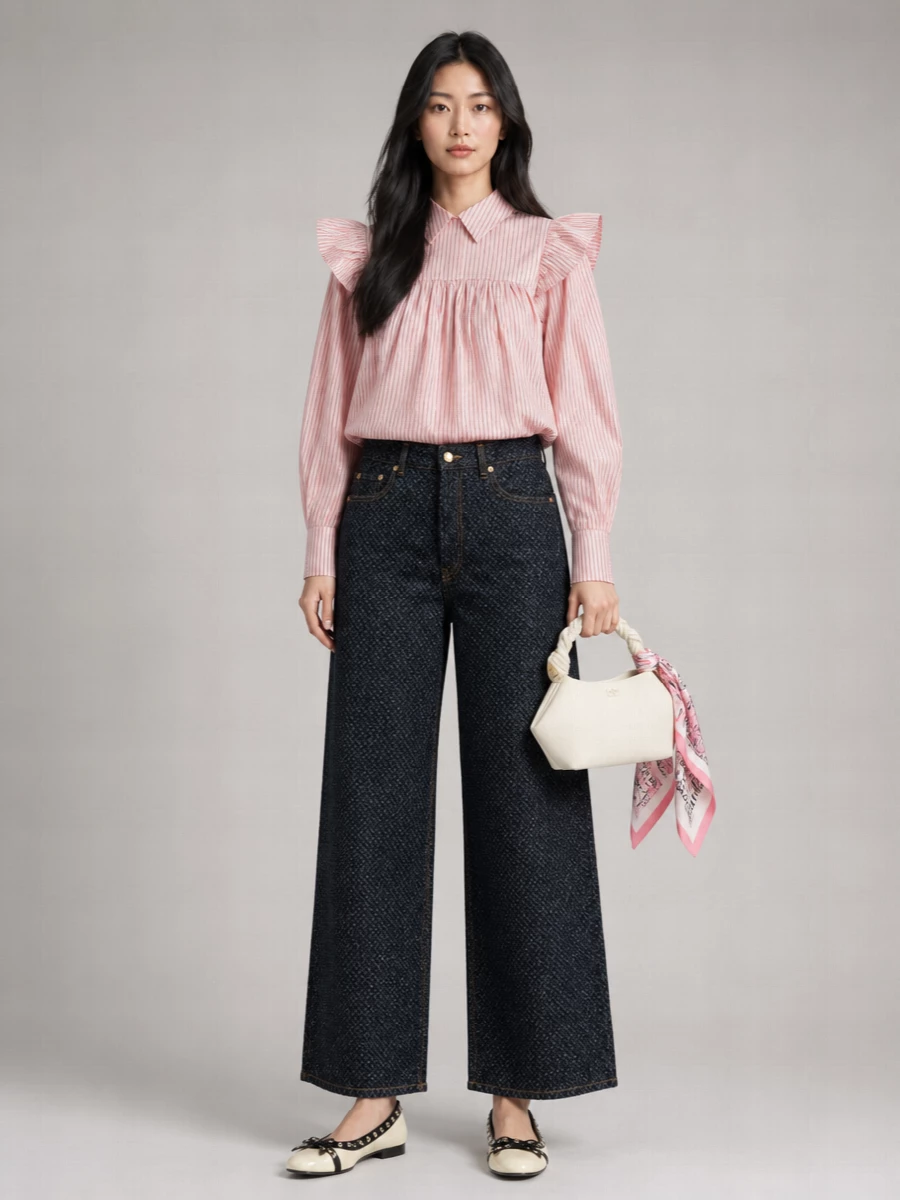 Ganni Striped Ruffled Long-Sleeve Blouse