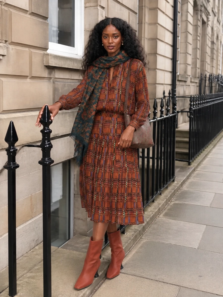 Dries van noten printed midi dress rust boots