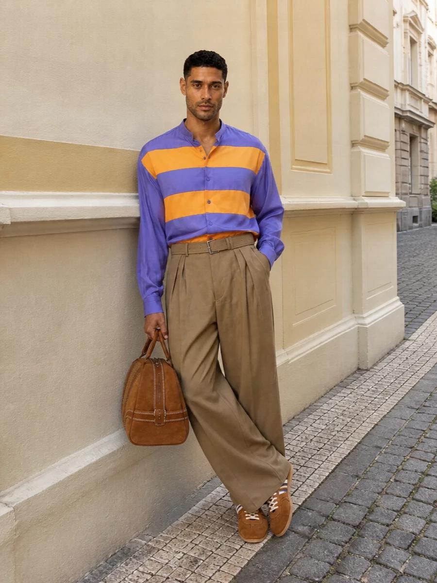 A periwinkle and marigold striped shirt sits over dramatic camel wide-leg trousers, keeping the focus on colour and volume rather than competing prints. Camel-and-ecru runners and a structured tan satchel lock the palette into warm, modern street-tailoring, while soft striped socks add a discreet graphic note at the ankle. The result feels louche, intelligent and gallery-ready without losing ease.