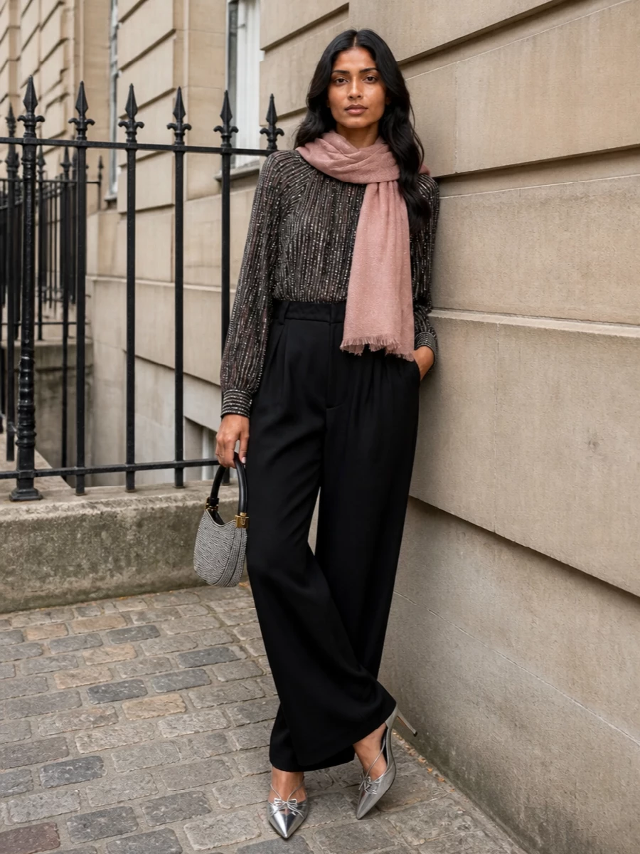 Missoni sequin top black wide leg trousers outfit