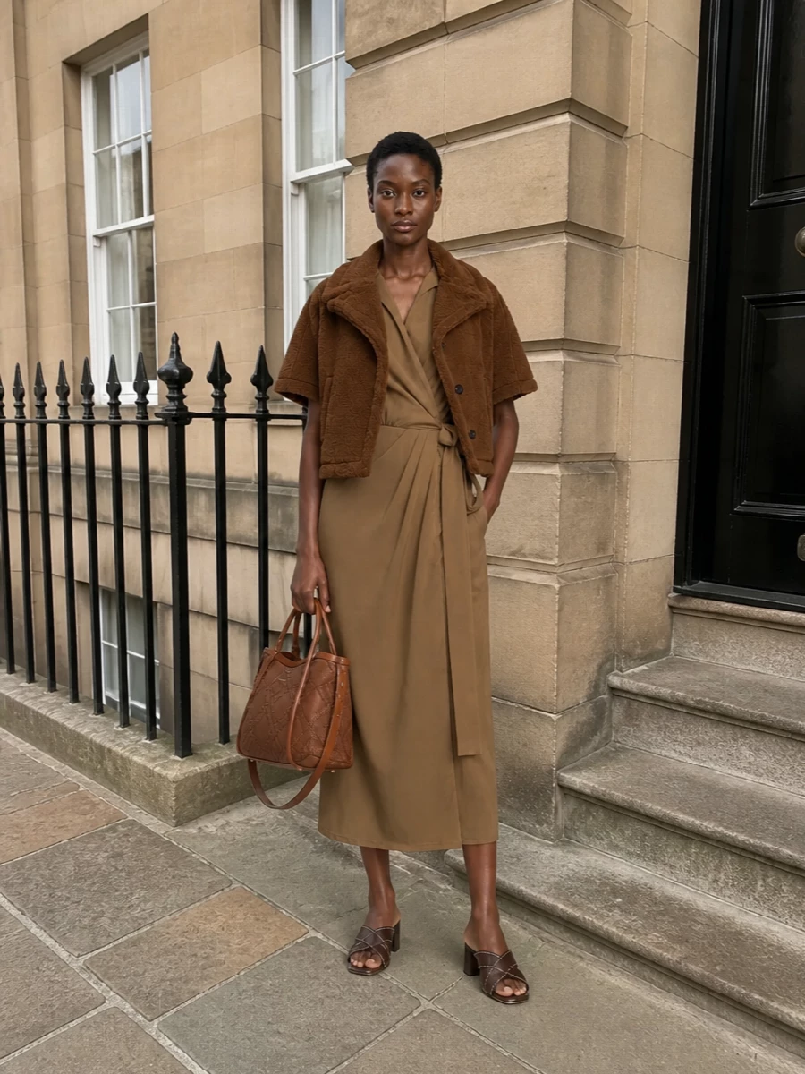 Max mara camel wrap dress teddy jacket outfit
